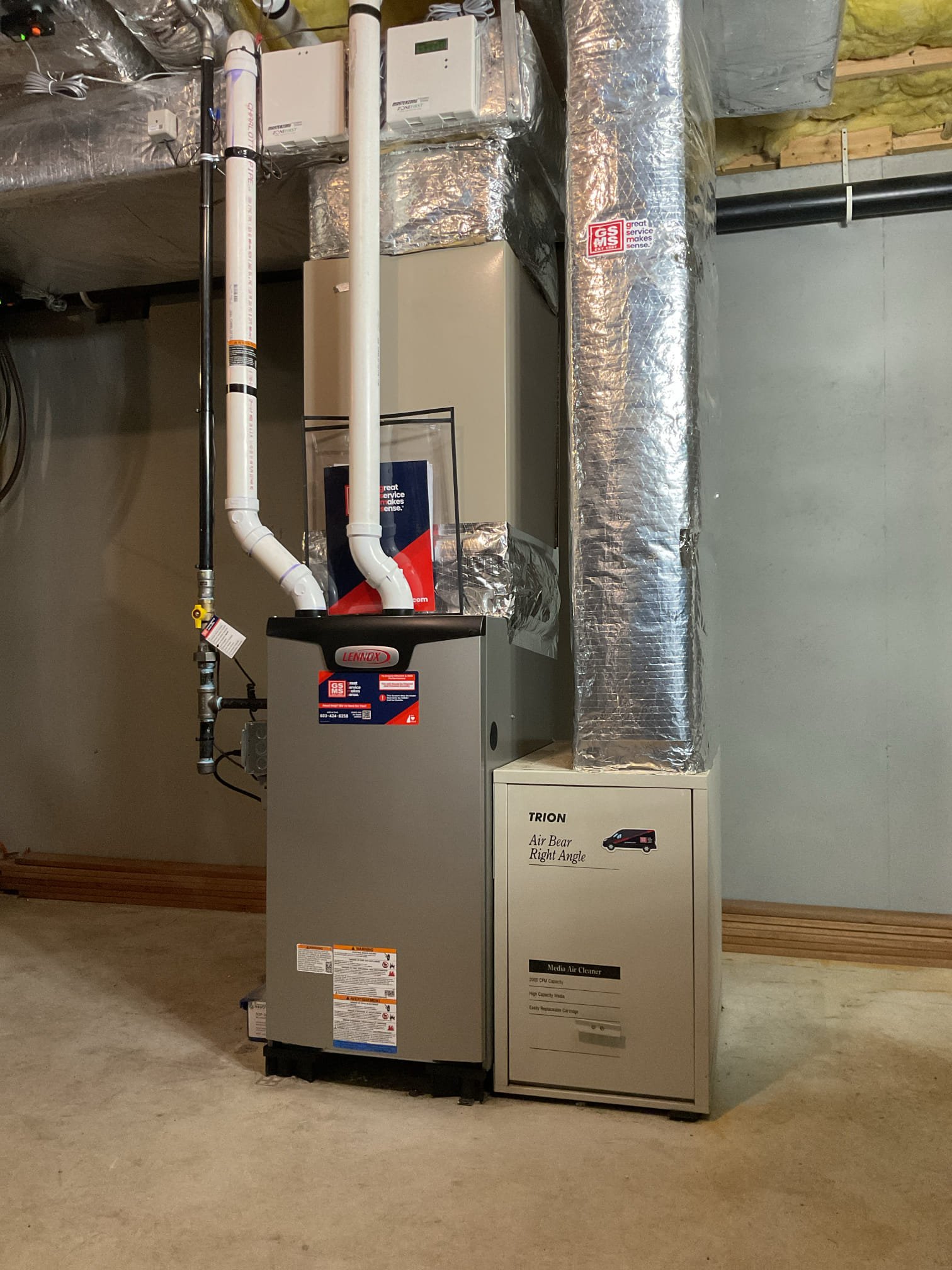 Project Overview

Proactively replace the failing existing furnace with a new Lennox Elite Series (EL296V) Two-Stage Gas Furnace. This option retains your existing air conditioning equipment and provides a reliable, high-efficiency heating upgrade with a completely refreshed standard zoning system.

Scope of Work

1. Equipment & Ductwork

Furnace: Install one (1) Lennox EL296V Two-Stage Gas Furnace.

Coil Adaptation: Fabricate custom sheet metal transitions to adapt the new furnace to your existing indoor A-coil.

Filtration: The existing return drop and Air Bear media cabinet are in excellent condition and will be retained.

2. Gas, Venting & Drainage

Gas Piping: Remove the existing CSST flexible gas drop and pipe in a new solid black iron gas drop to the furnace for enhanced safety and durability.

Venting: Remove the existing concentric vent. Install a new 2-pipe PVC intake and exhaust venting system.

Condensate: Reconnect to the existing condensate drain line routed to the exteri