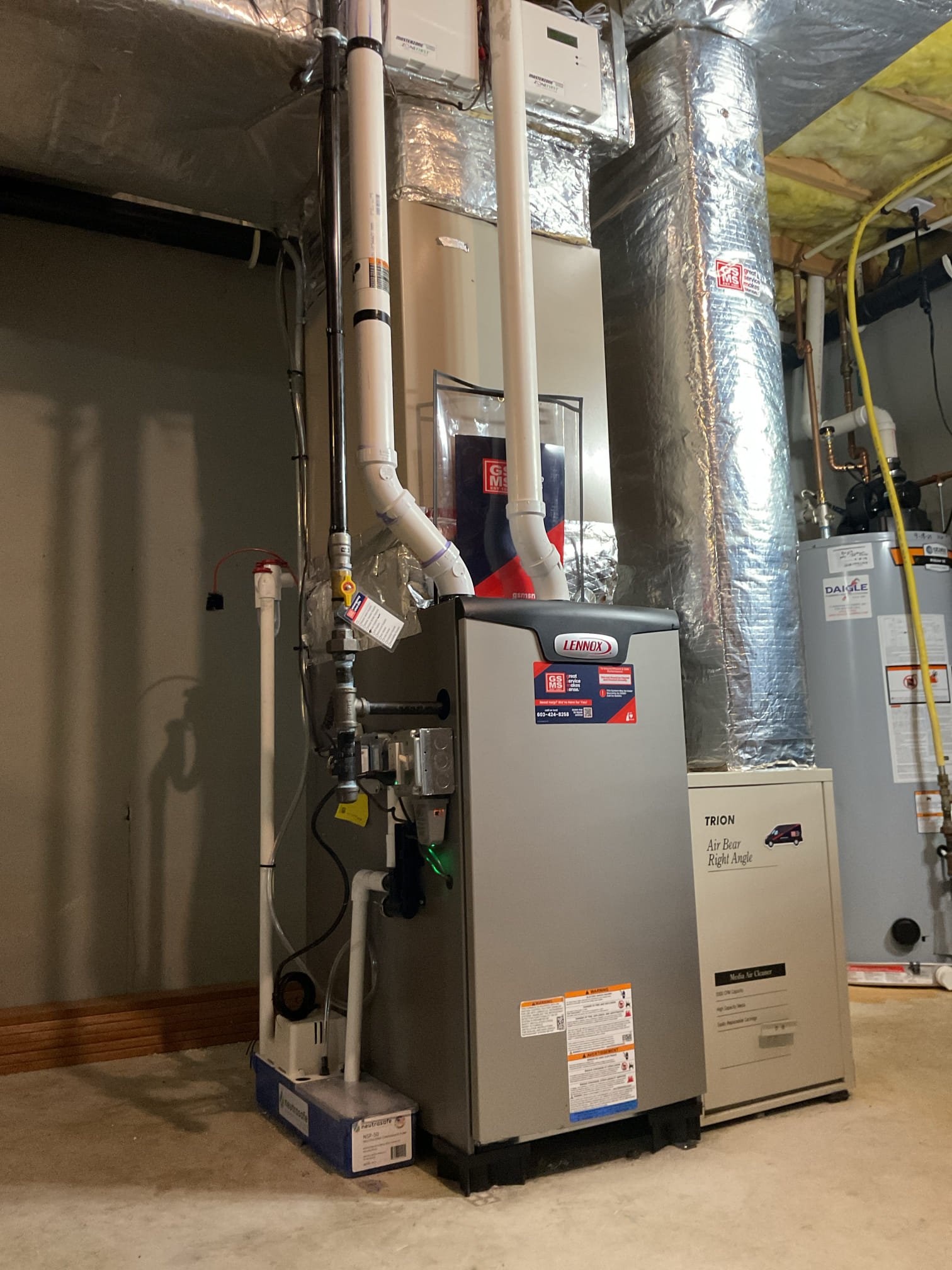 Project Overview

Proactively replace the failing existing furnace with a new Lennox Elite Series (EL296V) Two-Stage Gas Furnace. This option retains your existing air conditioning equipment and provides a reliable, high-efficiency heating upgrade with a completely refreshed standard zoning system.

Scope of Work

1. Equipment & Ductwork

Furnace: Install one (1) Lennox EL296V Two-Stage Gas Furnace.

Coil Adaptation: Fabricate custom sheet metal transitions to adapt the new furnace to your existing indoor A-coil.

Filtration: The existing return drop and Air Bear media cabinet are in excellent condition and will be retained.

2. Gas, Venting & Drainage

Gas Piping: Remove the existing CSST flexible gas drop and pipe in a new solid black iron gas drop to the furnace for enhanced safety and durability.

Venting: Remove the existing concentric vent. Install a new 2-pipe PVC intake and exhaust venting system.

Condensate: Reconnect to the existing condensate drain line routed to the exteri