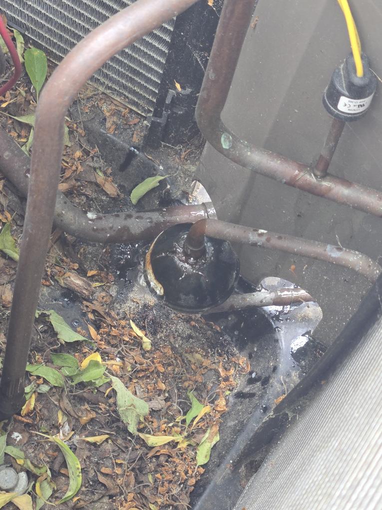 Found that the liquid line filter dryer has a leak in it. I was able to complete the first half of the maintenance as well. Mark will complete the plumbing, finish the other half of the maintenance and replace the filter dryer, then charge up the system.