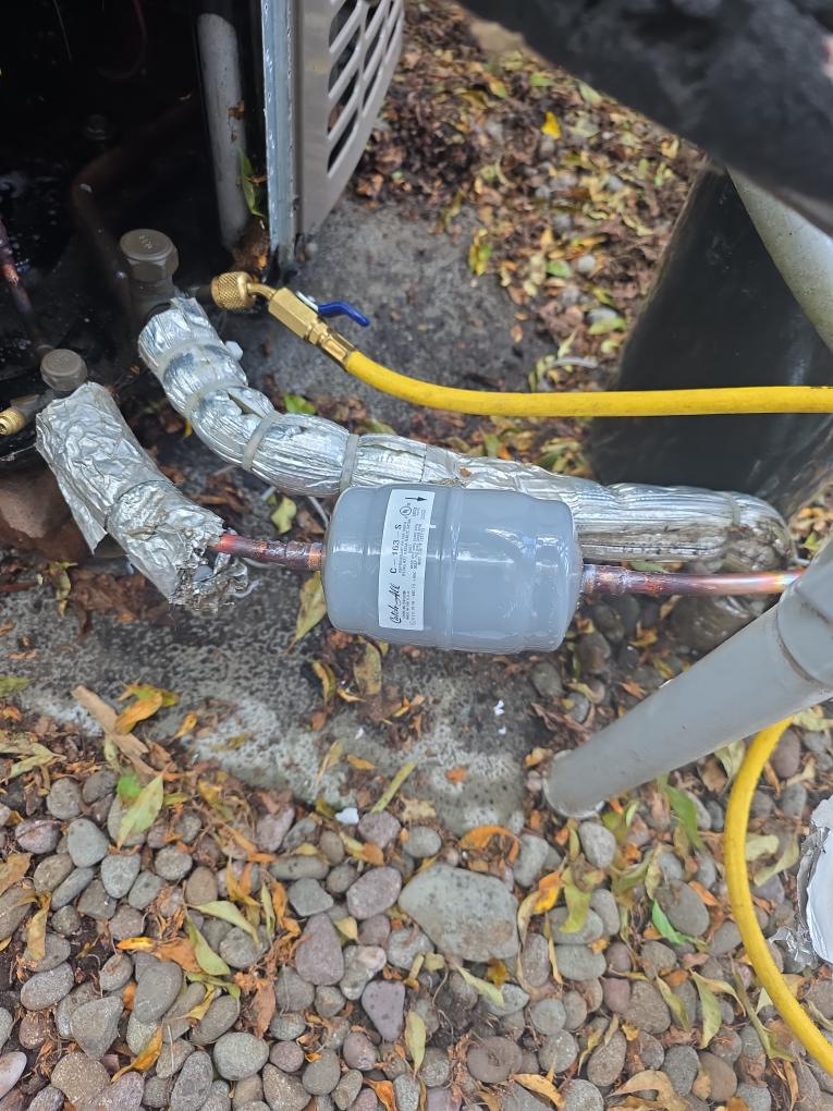 Found that the liquid line filter dryer has a leak in it. I was able to complete the first half of the maintenance as well. Mark will complete the plumbing, finish the other half of the maintenance and replace the filter dryer, then charge up the system.