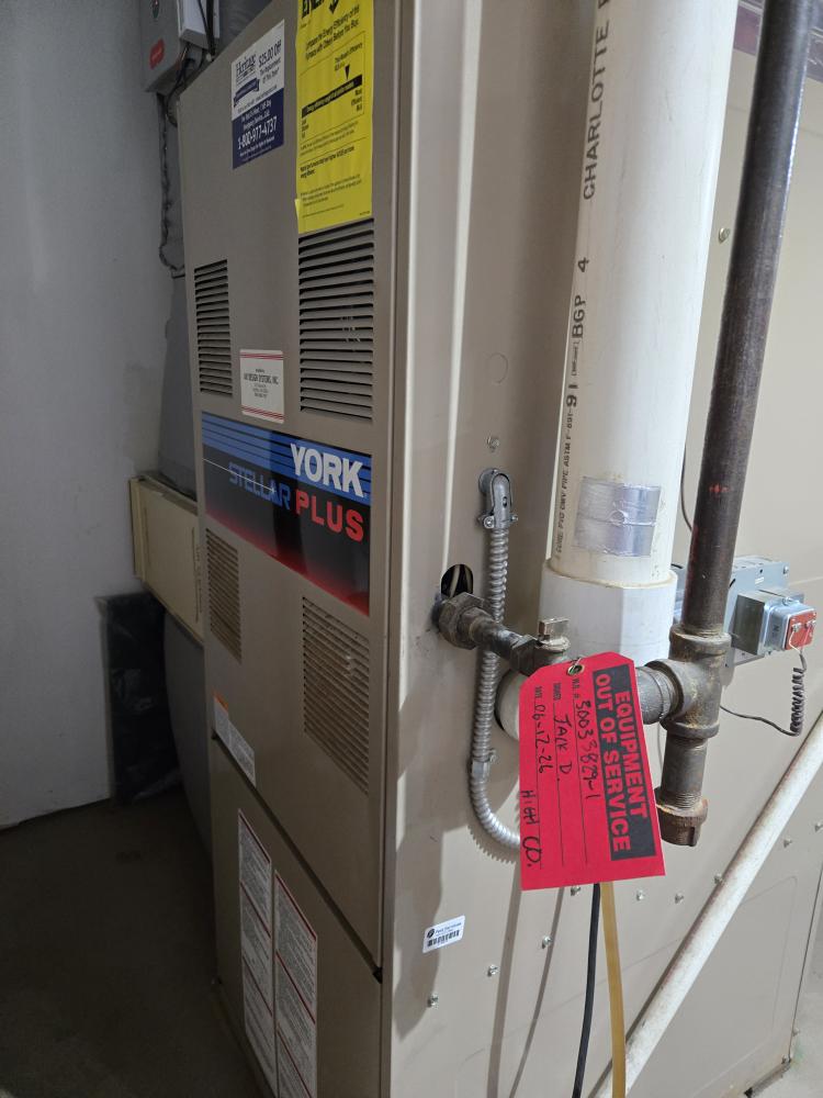 Go over entire system. Bypass humidifer 
 -Reccomend replacing the unit
 -Reccomend replacing the saddle valve with a stop valve


Zoning is now labeled
 -One of the 2nd floor zoned trunks has 1 grille in basement for supplemental heat. Close in summer.
 -One of the 1st floor zoned trunks has 2 grilles in basement for supplemental heat. Close both in summer. 
Blower motor capacitor needs replacement. It is a 15uf and it is currently reading 10uf. 
Furnace red tagged due to undiagnosed high CO.
We will provide water test quote with PFOA pricing. 