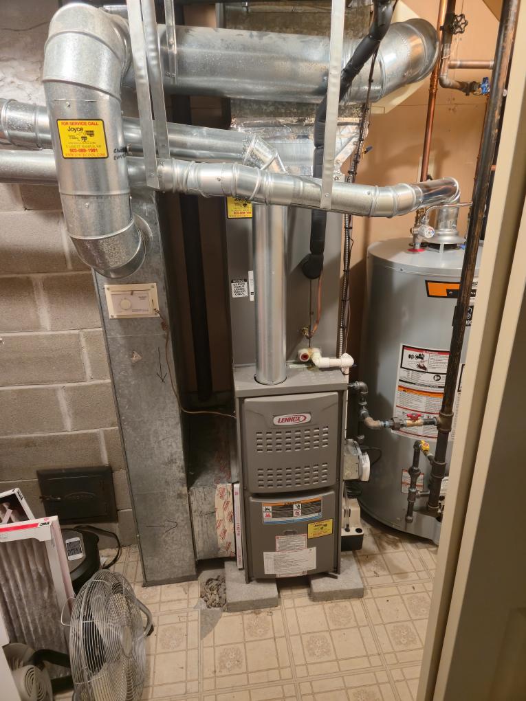 Completed the AC maintenance today. The system is not a matching system and the outdoor unit is oversized. The unit is having issues so the inside coil is icing up and then melting through the panel and dripping water into the furnace. We are going to reach out to you as soon as possible with a solution. I let the client know for now to not run the unit for more than an hour at a time and that afterwards to leave the fan running to dethaw the ice on the coil.