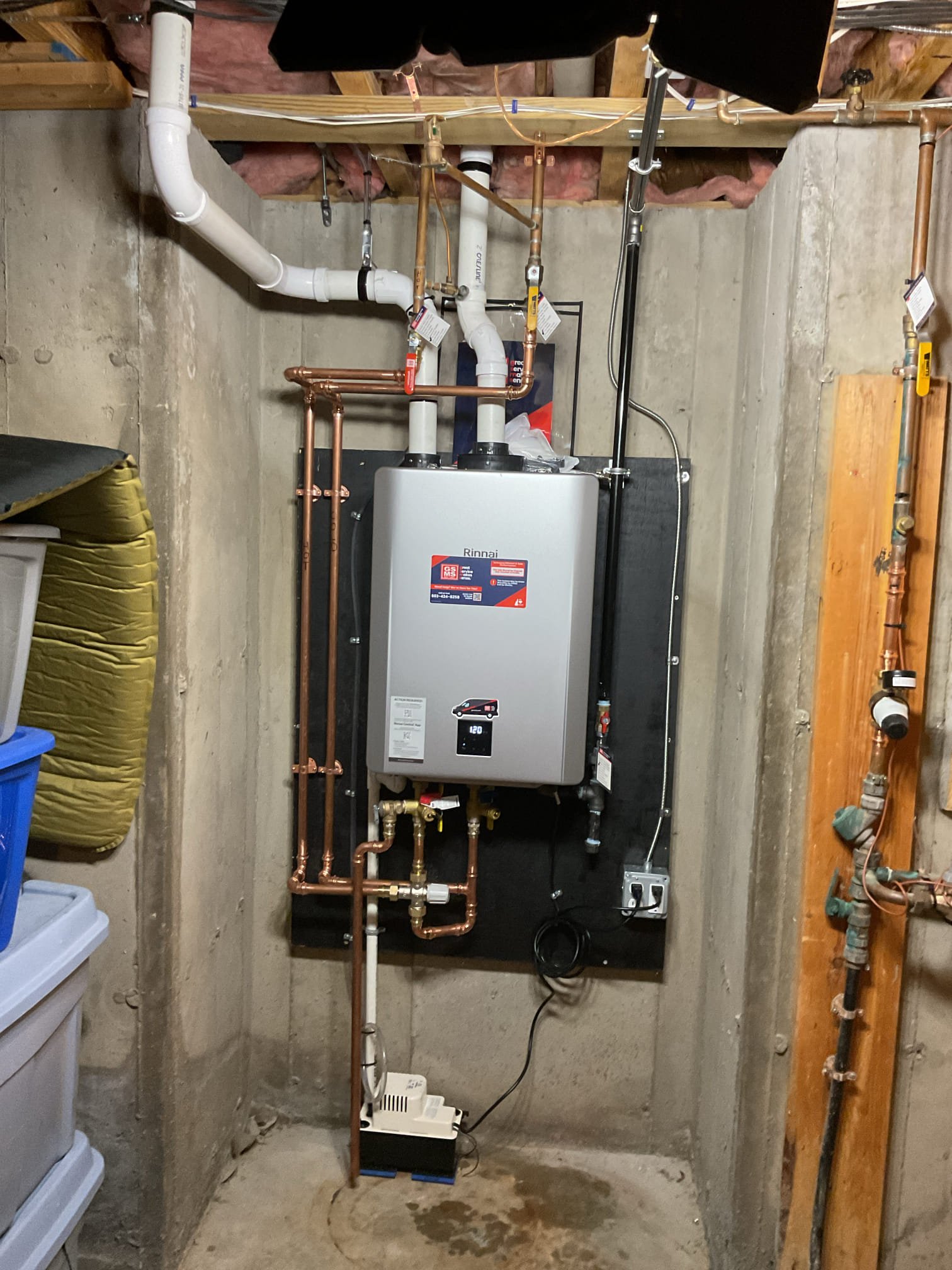 Replacement of the existing tank water heater with a new Rinnai tankless water heater. The new unit will be installed in the same location, with a new electrical outlet routed to provide power. The new venting will exit at the same location as the existing.

A new dedicated 1" gas line will be installed from the meter to the water heater to provide enough capacity. The new Rinnai model features our Recirc 360 technology, so a crossover valve will be installed in the furthest bathroom to provide better hot water performance to the second floor.