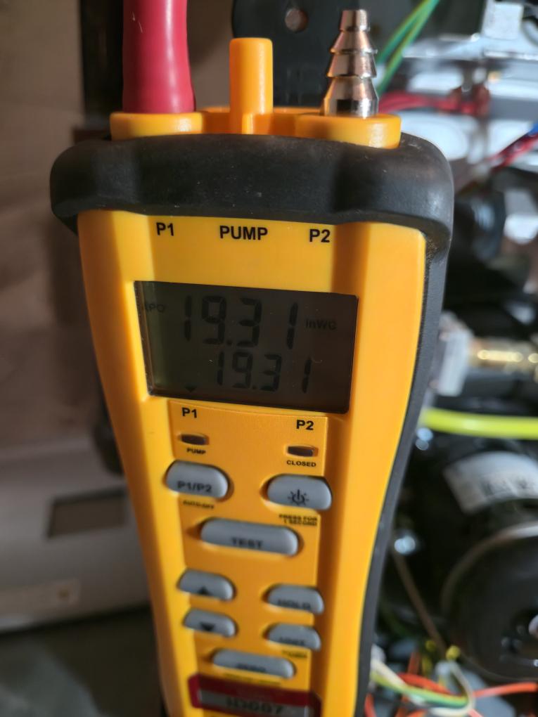 Completed the furnace maintenance. Found that the incoming gas pressure was 19.31 inches water column which is way over the max pressure that the gas valve can handle. I red tagged the furnace since it has an open burner box. I adjusted the outside regulator to 11 inchs water column. I informed the client and he contacted the propane company and they are going to come out this week to take a look at the regulator, the gas valve on the furnace, water heater and gas fireplace. 