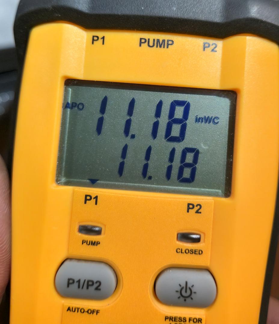 Completed the furnace maintenance. Found that the incoming gas pressure was 19.31 inches water column which is way over the max pressure that the gas valve can handle. I red tagged the furnace since it has an open burner box. I adjusted the outside regulator to 11 inchs water column. I informed the client and he contacted the propane company and they are going to come out this week to take a look at the regulator, the gas valve on the furnace, water heater and gas fireplace. 