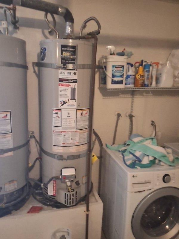 Responded to service call for gas water heater requiring pilot light relight. Upon arrival, inspected Bradford White 40-gallon gas water heater that was over 6 months old and confirmed pilot was extinguished. Successfully relighted pilot assembly, verified proper flame characteristics, and tested burner operation to ensure unit returned to normal heating function.