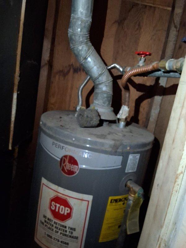 Performed inspection and provided estimate for replacement of aging Rheem Performance gas water heater located in basement utility area. Evaluated existing unit installation including venting system, water supply connections, gas line, and TPR valve configuration. Discussed permit requirements and available replacement options with customer.