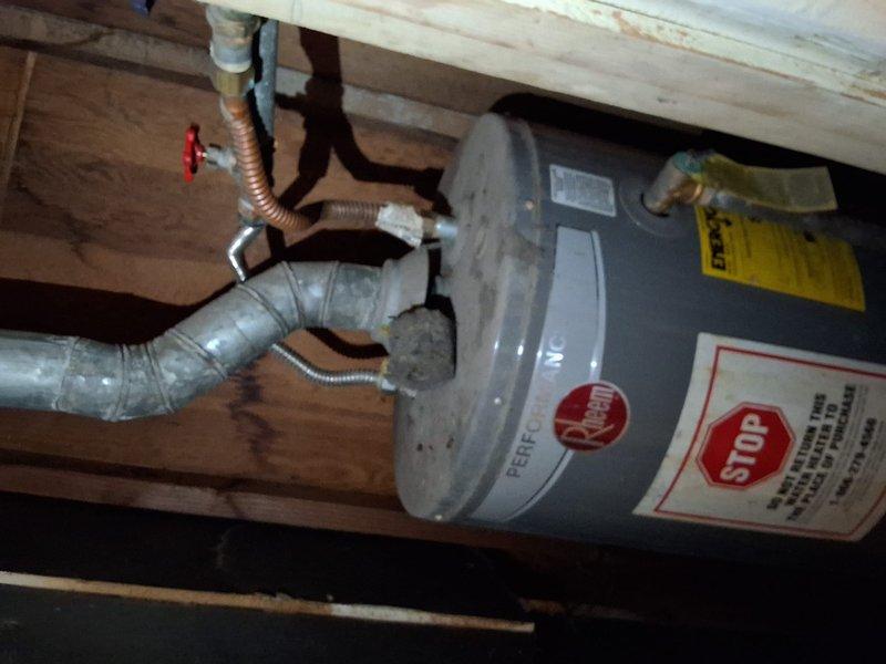 Performed inspection and provided estimate for replacement of aging Rheem Performance gas water heater located in basement utility area. Evaluated existing unit installation including venting system, water supply connections, gas line, and TPR valve configuration. Discussed permit requirements and available replacement options with customer.