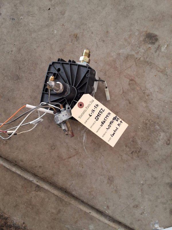 # Warranty Repair Completed

Responded to no hot water complaint on Bradford White water heater model UFG038N40ST, serial WD45098025, originally installed March 2017. Diagnosed and replaced failed gas control valve assembly due to malfunction preventing burner operation. Removed defective control valve with integrated pilot assembly, installed new OEM replacement unit, reconnected all gas and electrical connections, and verified proper burner ignition and operation. Unit restored to full functionality under warranty coverage.