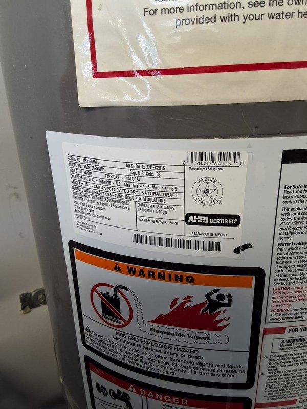 Performed inspection on 40-gallon Rheem gas water heater (Model MRS100159A, manufactured February 2016) at Air BnB property. Unit requires replacement parts that are no longer available from manufacturer. Provided estimate for complete water heater replacement including necessary permits, with payment options discussed.