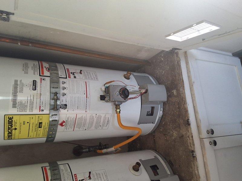 Responded to no hot water call on natural gas automatic storage water heater model GN30T1-3-6. Pilot light would not ignite upon arrival. Diagnosed faulty gas control valve preventing proper gas flow to pilot assembly. Replaced defective gas control valve with manufacturer-approved replacement part and successfully relit pilot light. Verified proper burner operation, temperature settings, and all safety controls functioning correctly before restoring unit to full service under warranty coverage.
