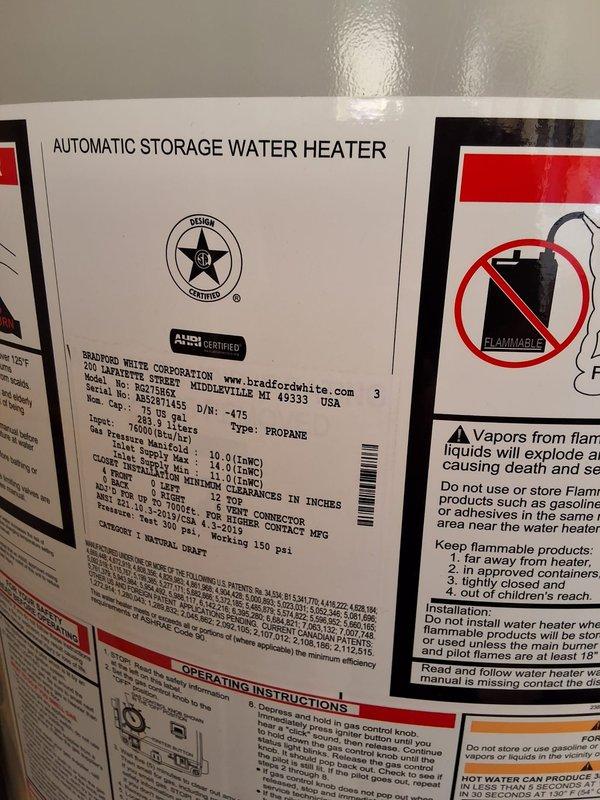 Responded to gas odor complaint on Bradford White 75-gallon propane water heater (Model RG275H6X, Serial AB52871455). Performed comprehensive leak inspection of gas supply lines, connections, and control valve assembly. Verified proper venting system installation and confirmed unit is operating safely with no detectable gas leaks present upon completion of inspection.