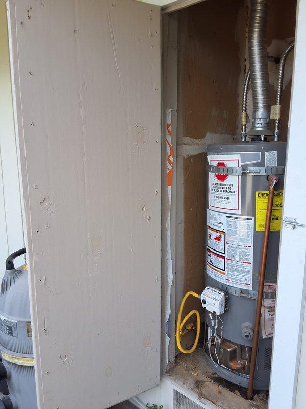 Responded to no hot water condition and completed full replacement of failed 40-gallon gas water heater with new GN40T1-3-6 model unit. Installation included proper venting with aluminum flexible duct, connection of water supply lines with shutoff valves, gas line hookup, and all required code modifications. Permitting was obtained and all work completed to current residential plumbing standards.