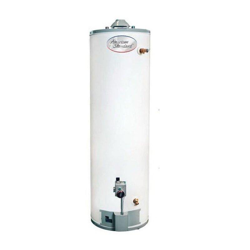 Completed residential water heater replacement, installing a 50-gallon American Standard LP gas-fired unit with Quick Pan drainage system. The new water heater was properly positioned with all required connections, including gas control valve, inlet/outlet brass fittings, and venting assembly, with the protective drip pan installed beneath the unit for safety compliance.