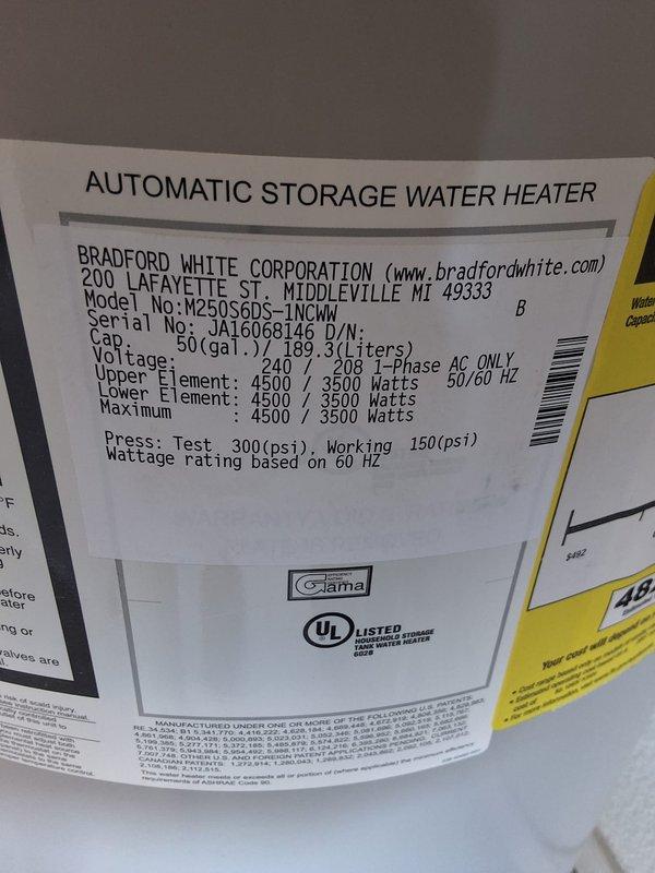 Responded to a leaking water heater and performed a complete residential unit replacement. Removed the failed 50-gallon Bradford White electric water heater and installed a new Bradford White 50-gallon electric model M250S6DS-INCMW (S#JA160684146). Connected copper supply lines with brass fittings, installed temperature and pressure relief valve, and completed electrical connections using flexible metallic conduit from the existing junction box to the unit per code requirements.