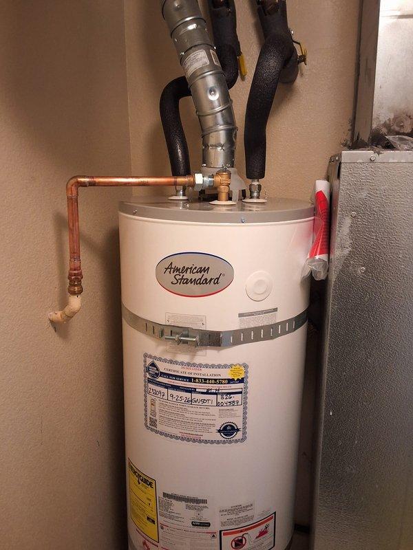 Removed and replaced leaking 50-gallon gas water heater with new Rheem Performance unit per property management request. Installation included new flexible copper water connectors, expansion tank, pressure relief valve, and all required code-compliant plumbing connections. Unit tested and verified operational upon completion.