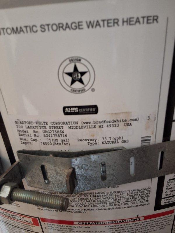 Responded to a repeat customer for a leaking 75-gallon gas water heater (Bradford White model URG275H6N) that was originally installed eight years prior. Removed and replaced the failed unit with a new 75-gallon gas water heater, reconnected gas supply line and water piping, installed proper venting, and tested system for proper operation and safety compliance.