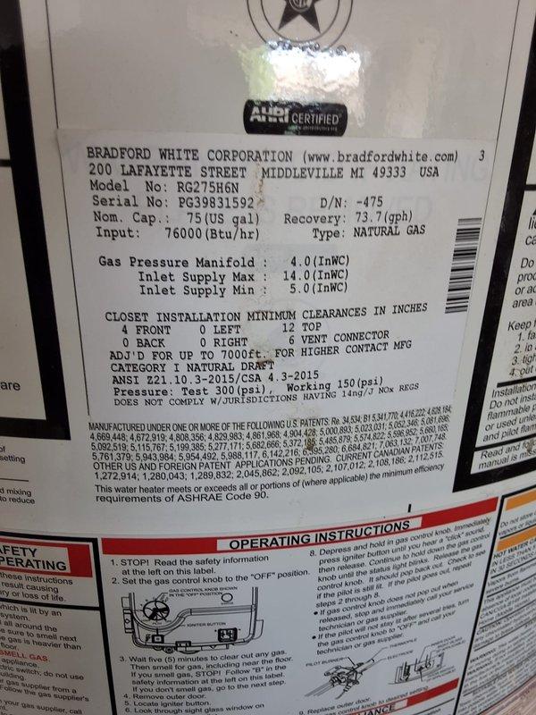 Performed inspection on 7-year-old Bradford White 75-gallon natural gas water heater (Model RG275H6N) due to customer concerns about rusty water. Evaluated unit condition, anode rod deterioration, and overall system performance. Documented equipment specifications and current installation configuration. Provided customer with assessment findings and presented options for anode rod replacement versus full water heater replacement based on age and condition of existing unit.