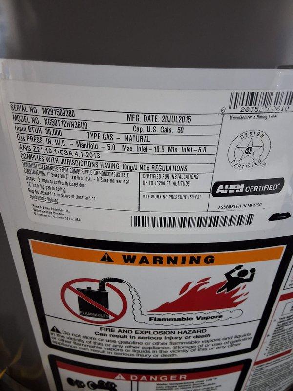 Responded to service call for leaking residential water heater. Upon inspection, found 2015 Rheem 50-gallon natural gas water heater (Model XG50T12HN36U0, Serial M291509380) with active leak and visible corrosion on tank exterior. Due to age and condition of unit, recommended full replacement rather than repair. Discussed permit requirements with customer and provided ballpark estimate for complete installation. Scheduled appointment window and documented existing equipment specifications including 36,000 BTU/H input rating and 150 PSI maximum working pressure. Photographed existing installation showing water heater location in utility room alongside water softener system, noting copper supply connections and proper venting configuration for reference during replacement work.