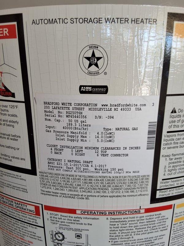 Performed preventive maintenance inspection on a 50-gallon Bradford White natural gas water heater, model RG250T6N. Verified proper operation of all components, inspected venting system, water connections, and safety controls. Documented equipment condition with photos and discussed replacement options for future planning.