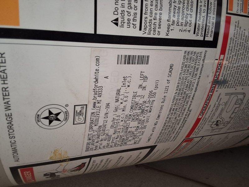 Conducted inspection and provided estimate for proactive replacement of existing residential gas water heater with new 40-gallon Bradford White gas water heater unit. Evaluated current installation in utility closet including copper supply piping, venting configuration, and clearance requirements. Discussed permit requirements for water heater replacement and provided ballpark estimate range for complete installation including new unit, necessary code-compliant connections, and proper venting. Customer expressed interest in proceeding with replacement ahead of anticipated regulatory changes. Documented existing installation with photographs showing current water heater condition, labeling, and mechanical room configuration.