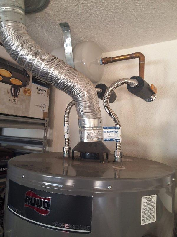 Replaced a 2019 Ruud 50-gallon residential gas water heater that had lost pilot function. Installed new unit in garage location with proper venting, gas flex connectors, and water line connections per manufacturer specifications. Discussed permit requirements and potential future modifications including tank relocation and gas line upgrades to meet current code requirements.