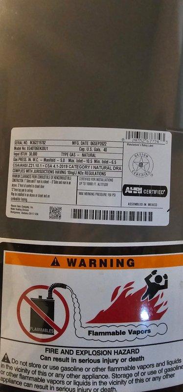 Performed inspection and estimate for water heater replacement. Documented existing Rheem gas water heater model XG40T06EN38U1, serial number M362219782, located in utility room alongside washing machine. Photographed unit specifications, safety labels, installation configuration including water supply connections and venting. Provided customer with replacement options and preliminary cost estimate for new water heater installation. Scheduled follow-up appointment for Thursday 10AM-1PM to discuss permit requirements and finalize installation details.