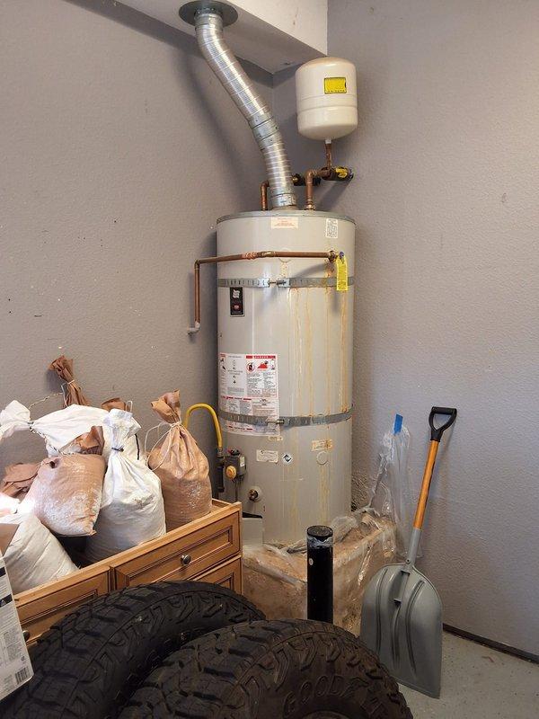 Performed inspection on leaking 75-gallon gas water heater. Unit requires removal and replacement in two separate appointments: first appointment for water heater removal, second appointment for new installation after mold remediation work is completed in the affected area. Discussed permit requirements and available payment options with property owner.