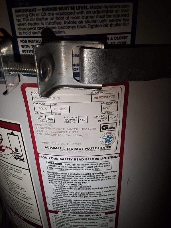 Performed inspection and estimate on a 20-year-old Bradford White 30-gallon natural gas water heater (Model BLN-6, Serial HE9926772, manufactured January 1999) that has reached end of serviceable life and requires replacement. Documented existing unit specifications showing 30,000 BTU/HR input and 150 PSI maximum working pressure. Provided estimate for replacement with American Standard GN30L1-4-6 model as requested, discussed permit requirements, and scheduled installation window for Friday afternoon between 3:00-6:00 PM.