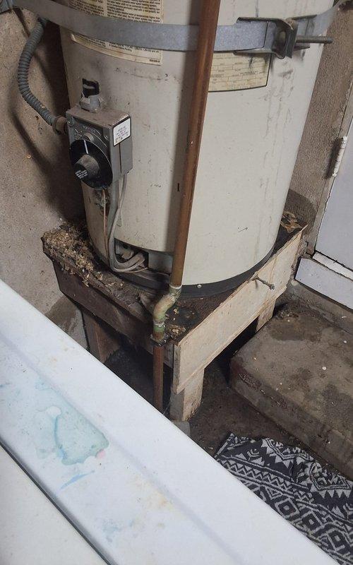 Responded to service call for leaking water heater. Upon inspection, identified active leak originating from bottom of 10+ year old 50-gallon gas water heater unit. Observed deteriorated wooden platform beneath unit with visible water damage and staining on concrete floor, confirming chronic leakage. Documented existing installation including copper supply lines, flexible connectors at top of unit, seismic restraint strap, and gas valve assembly. Evaluated overall condition of Reliance brand water heater and determined unit has exceeded serviceable lifespan. Photographed installation and leak evidence for documentation purposes. Provided customer with replacement options for 50-gallon gas water heater and discussed estimated costs for complete changeout. Advised customer of available arrival window for installation scheduling.