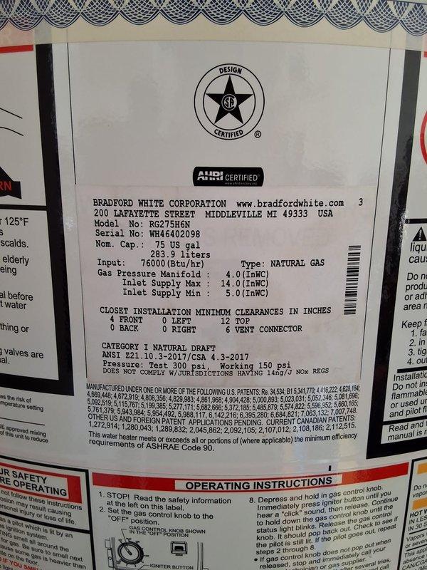 Completed warranty replacement of Bradford White 75-gallon natural gas water heater, model RG275H6N, due to leaking from bottom of unit. Removed failed unit and installed new replacement water heater with all necessary plumbing connections, gas line, venting, and safety controls verified operational upon completion.