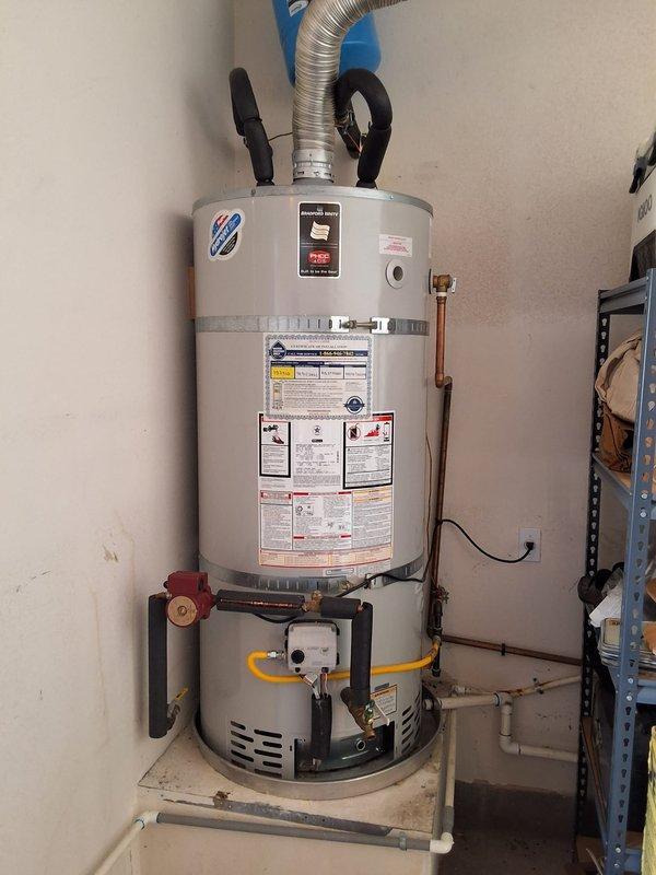 Completed warranty replacement of Bradford White 75-gallon natural gas water heater, model RG275H6N, due to leaking from bottom of unit. Removed failed unit and installed new replacement water heater with all necessary plumbing connections, gas line, venting, and safety controls verified operational upon completion.