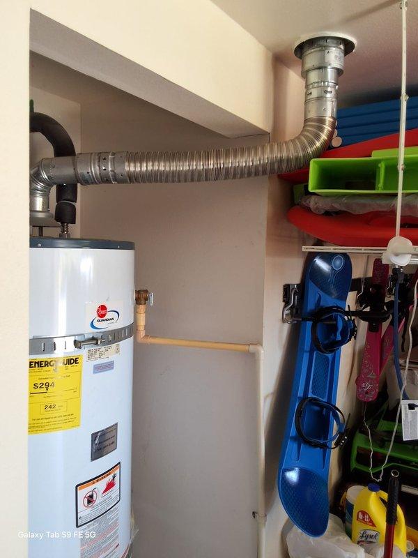 Removed the leaking 50-gallon atmospheric gas water heater and installed a new 40-gallon gas water heater, reconnecting the gas supply, water lines, and flue venting. Installed a pressure reducing valve on the main water supply to regulate incoming water pressure, then tested for gas and water leaks and verified proper burner ignition and operation.