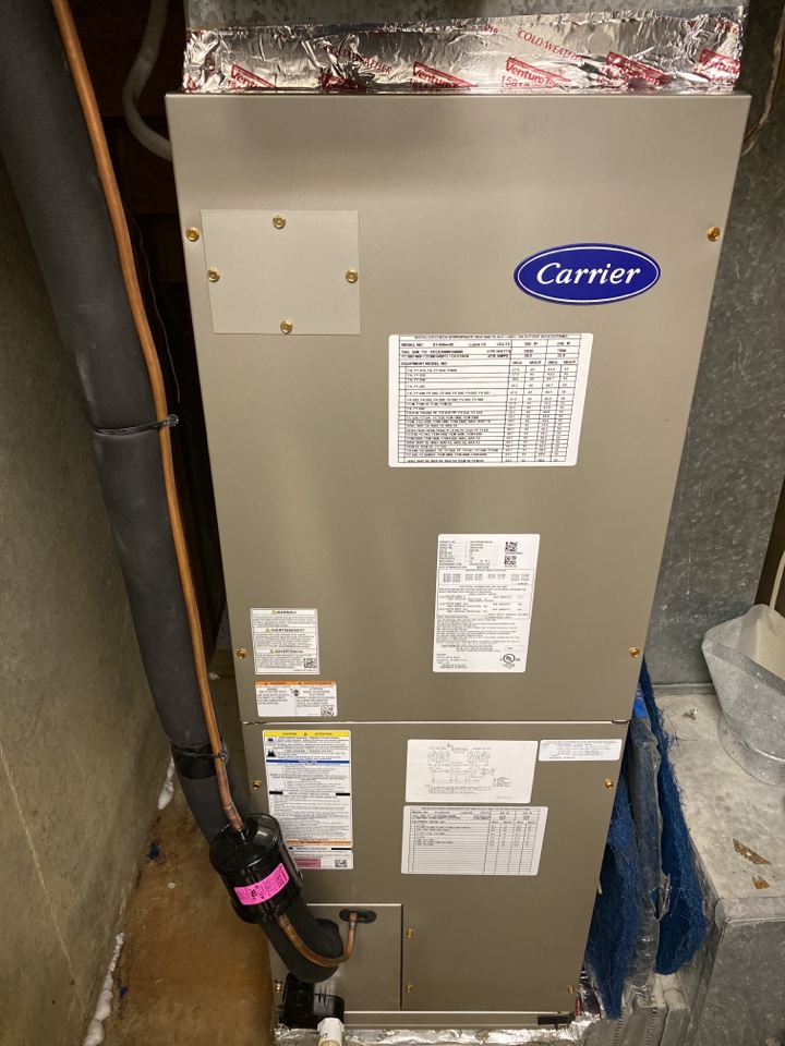 Install Carrier Air Handler with 8 kw heater and 3 ton heat pump in Upper Marlboro Maryland. 