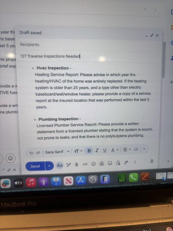 Performed furnace and water heater inspection for insurance documentation purposes. Noted that water service to the property was not active at time of inspection, which prevented full assessment of plumbing and water heater operation. Documented existing HVAC and plumbing equipment with photos for insurance company review and completed visual inspection of accessible mechanical systems.