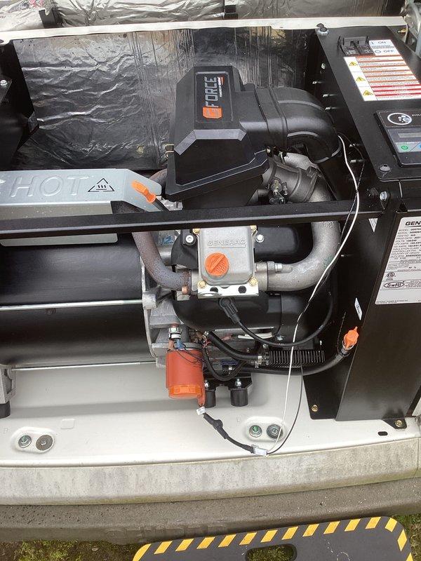 Completed comprehensive tune-up service on a 4-year-old Generac generator unit. Performed full system inspection including fuel delivery components, battery condition check, electrical connections verification, and blower assembly examination. All components were found to be operating within normal parameters, with proper cable management and secure mounting confirmed throughout the unit.