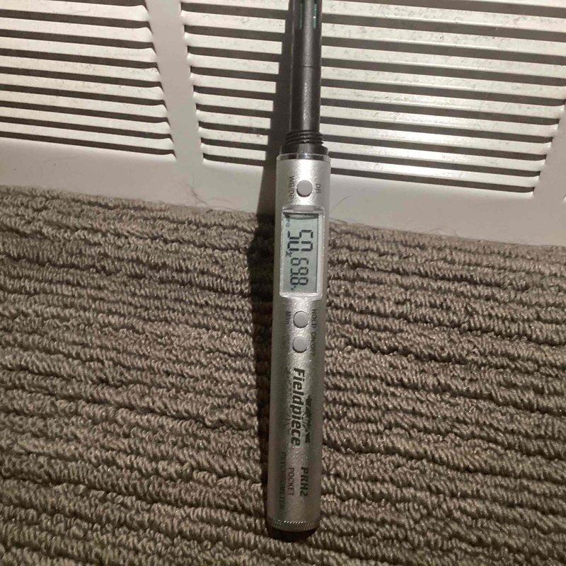 Responded to customer report of low indoor humidity levels. Performed system inspection and documented humidifier installation location with photographs showing air handler unit, ductwork configuration, and supply register measurements. Forwarded documentation as requested for further assessment of humidification system performance.