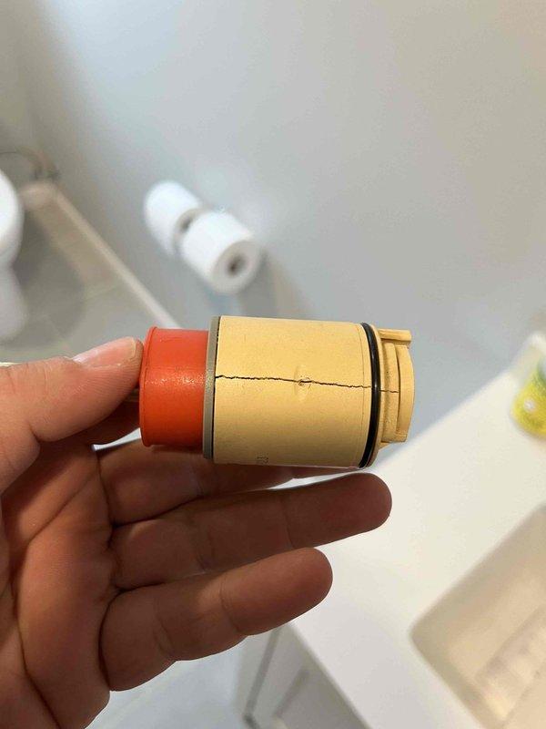 Replaced faulty shower valve assembly in basement bathroom after ordering and receiving replacement cartridge from Signature Hardware. Removed old brass valve cartridge showing wear and mineral deposits, installed new valve assembly to restore proper water flow and temperature control, and tested system to ensure leak-free operation.