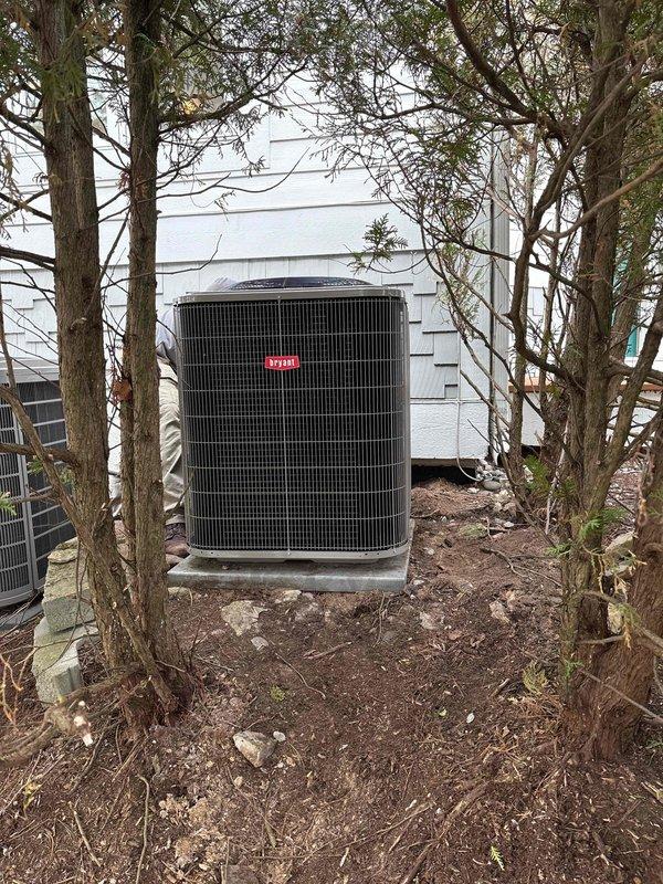 Completed full HVAC system replacement including removal and disposal of existing furnace and air conditioning equipment. Installed new Bryant outdoor condensing unit on existing concrete pad in backyard area and new two-stage furnace with variable speed ECM blower motor in basement utility space. Ran new PVC condensate drainage system with proper pitch and termination. Completed all electrical connections to furnace control board and installed new thermostat wiring. Verified proper airflow, refrigerant charge, and system operation. All equipment tested and operational upon departure.