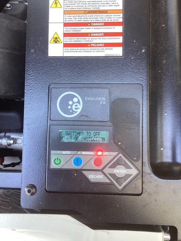 Responded to service call for 3-year-old residential standby generator with no-start condition. Upon arrival, found unit cranking but failing to start, with Evolution 2.0 controller displaying "SWITCHED TO OFF" and "LOSS OF PROTECTION" error messages. Performed diagnostic evaluation of generator system, documented control panel status and equipment condition. Unit was previously shut down by homeowner due to starting failure.
