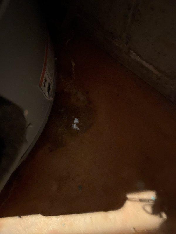 Responded to water heater leak reported at base of unit. Upon arrival, confirmed active leakage from bottom of American-brand water heater with extensive water staining and rust-colored corrosion visible on tank base and surrounding concrete floor. Unit still under manufacturer warranty. Documented damage with photos showing compromised tank integrity and water damage to utility room floor. Recommended warranty replacement due to tank failure.
