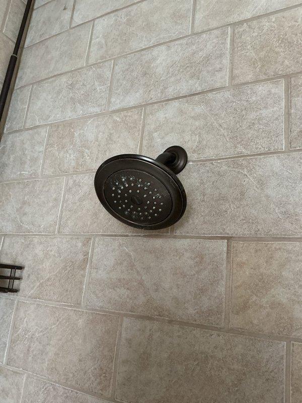 Responded to customer complaint of discolored water from hot water supply. Upon arrival, inspected 10-year-old water heater and confirmed discoloration issue. Documented existing shower fixtures and plumbing system with photographs showing bronze-finished showerhead, control valves, and tub spout with beige tile surround. Based on age of unit and water quality concerns, discussed replacement options with customer for aging water heater system.
