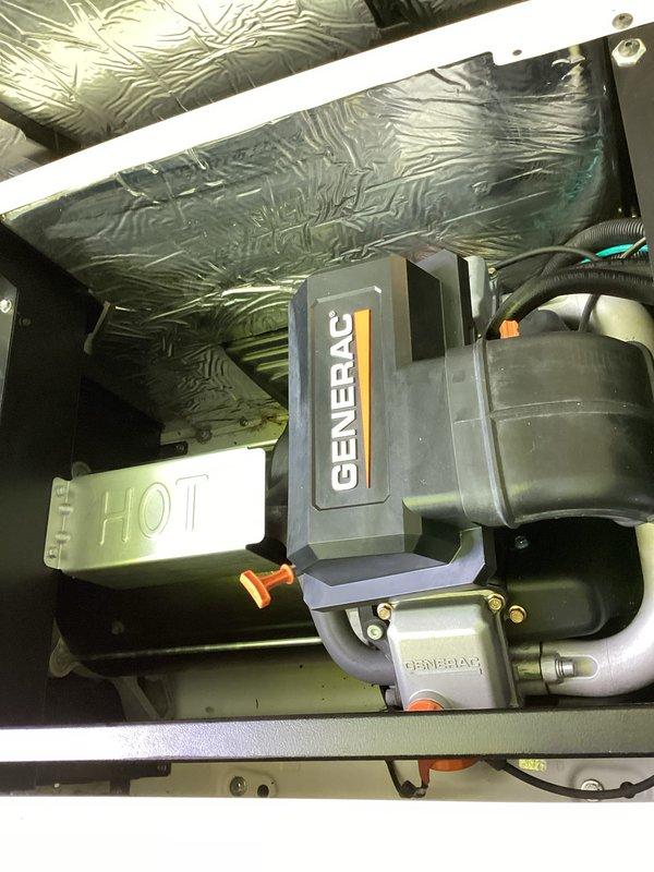 Completed scheduled 8-year maintenance tune-up on outdoor Generac backup generator unit. Performed comprehensive inspection of generator enclosure, verified proper operation of all mechanical components, and checked integrity of reflective insulation lining throughout compartment. Inspected electrical connections, control panel functionality, and all associated conduit and piping connections. Documented equipment condition through photographic records showing generator housing, internal components, and enclosure configuration. Unit found to be in proper working order with all safety systems functional.