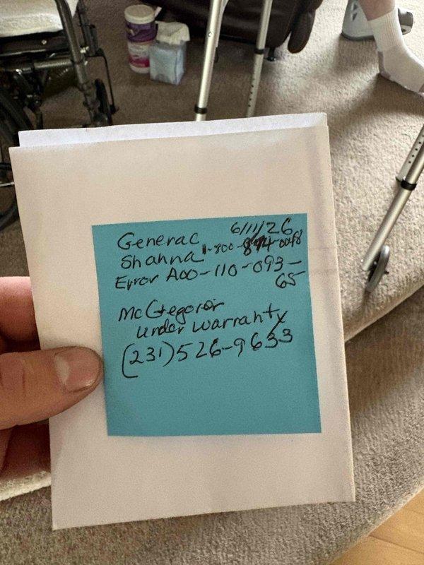 Responded to warranty service call for 5-month-old Generac generator displaying error code A00-110-093-G5. Documented error code information provided by Generac company and verified unit warranty status with manufacturer. Photographed error code documentation and generator unit on-site for service records and warranty claim processing.