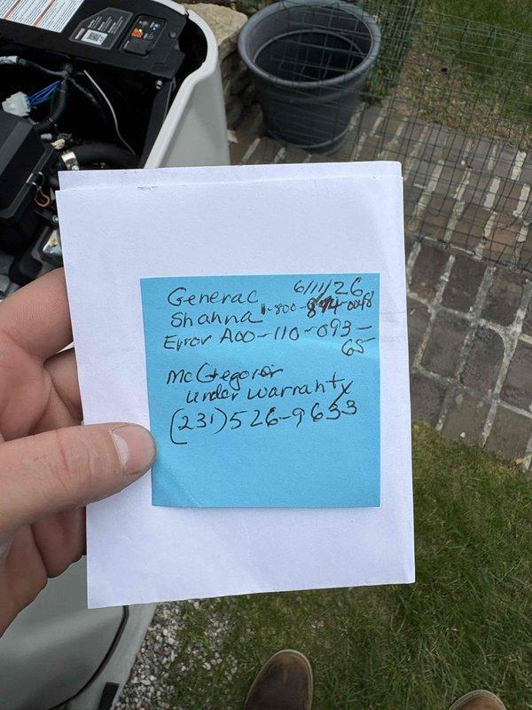 Responded to warranty service call for 5-month-old Generac generator displaying error code A00-110-093-G5. Documented error code information provided by Generac company and verified unit warranty status with manufacturer. Photographed error code documentation and generator unit on-site for service records and warranty claim processing.
