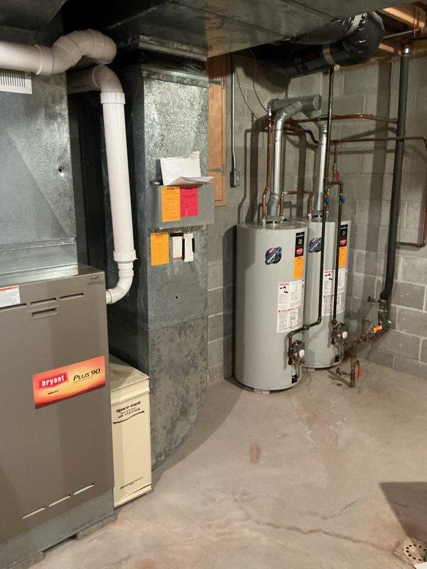 Provided estimate for water heater replacement in basement mechanical room containing existing Bradford White 40-gallon natural gas water heater (model M140S6EN12, 40,000 BTU/hr input). Additionally quoted Speakman shower head part number S-2252 available from Ferguson Petoskey location.