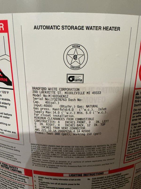 Provided estimate for water heater replacement in basement mechanical room containing existing Bradford White 40-gallon natural gas water heater (model M140S6EN12, 40,000 BTU/hr input). Additionally quoted Speakman shower head part number S-2252 available from Ferguson Petoskey location.