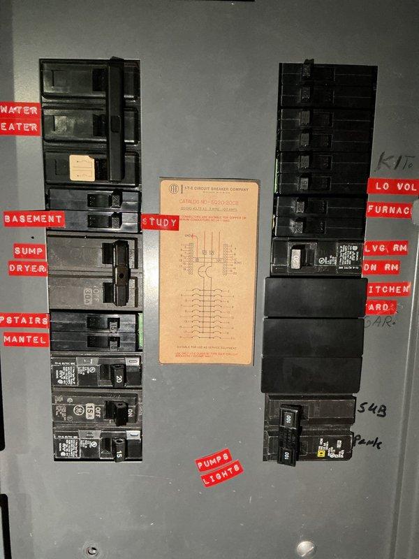 Returned to property to photograph and assess existing electrical system for estimate preparation. Documented vintage I-T-E Circuit Breaker Company load center with main disconnect and distribution panel containing multiple circuits serving basement, kitchen, living room, dining room, furnace, water heater, dryer, sump pump, and low voltage systems. Panel shows age-related wear with older-style circuit breakers and hand-labeled circuit identification throughout.