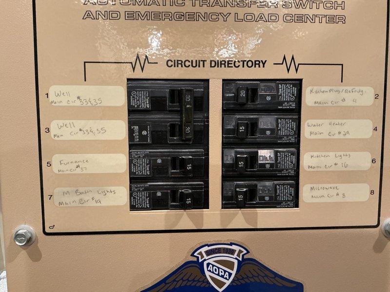 Conducted estimate consultation for upgrading existing 18-year-old 7 kW Generac generator system to a 14 kW unit. Inspected current Guardian automatic transfer switch and emergency load center, documenting existing circuit configuration serving critical loads including well pump, furnace, water heater, kitchen circuits, and bathroom lighting. Photographed transfer switch panel showing circuit directory and breaker arrangement to assess compatibility requirements for upgraded generator installation and discussed replacement options with customer.