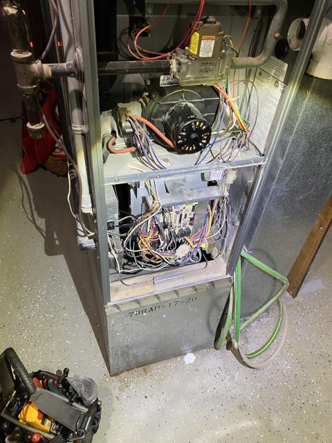 I completed diagnostics and found multiple issues on 2002 Rheem Furnace; inducer runs and runs, clogged induce port, cleared and checked all ports, System is heating and operating within manufacturing specifications.